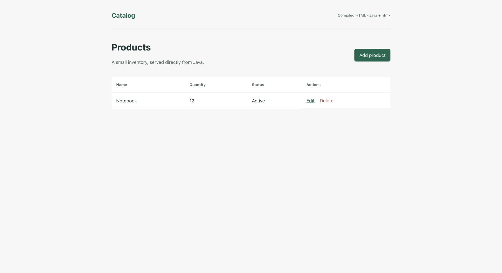 The runnable Java catalog, showing its inventory table and Add product action