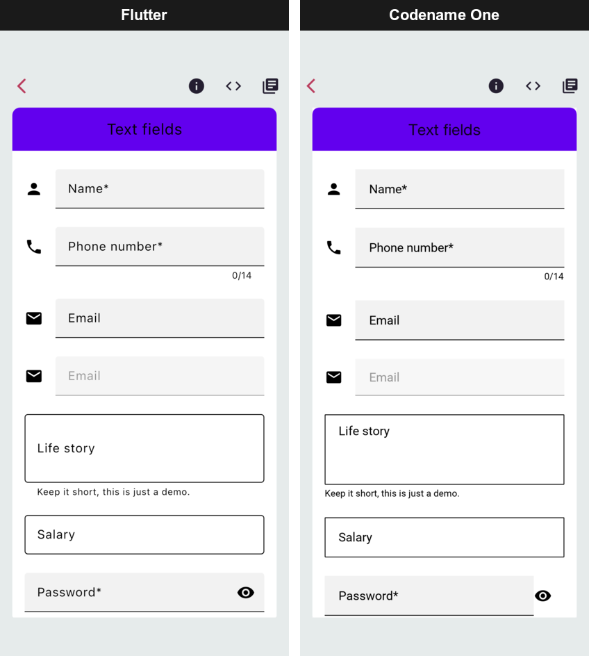 The Text fields demo rendered by Flutter and by Codename One