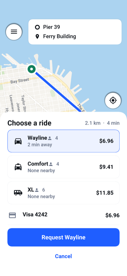 The quote sheet listing three kinds of ride with their prices and the card that will pay